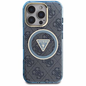 Guess IML Metal Glitter 4G Circle Triangle MagSafe Case for iPhone 16 Pro - Blue