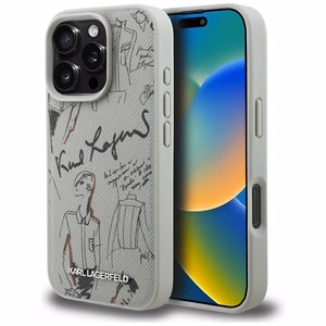 Karl Lagerfeld Grained Pattern & Logo MagSafe Case for iPhone 16 Pro - Gray