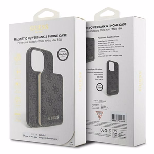 Guess 4G Metal Logo viedtālruņa apvalks komplekts iPhone 14 Pro Max + 5000mAh Magnētiskā portatīvais lādētājs - melna