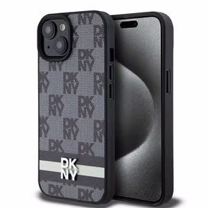 DKNY ādas rūtainais mono raksts un drukātas svītras viedtālruņa apvalks iPhone 15/14/13 - melns