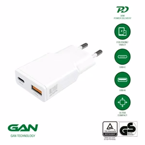 Tīkla lādētājs PDPlug Duos Slim 30W GaN 1C+1A balts