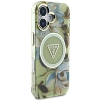 Guess Glitter Flowers Triangle Buttons Magnētiskais viedtālruņa apvalks iPhone 16 - zaļš