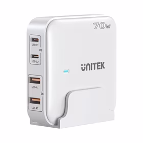 GaN network charger - Unitek P1228AWH01-EU | 70W 2x USB-C 2x USB-A