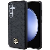 DKNY Ādas raksts metāla logotips MagSafe apvalks viedtālrunim Samsung Galaxy S24 - melns