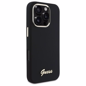 Guess silikona vāciņš ar metāla logotipu un metāla rāmi iPhone 16 Pro Max - melns