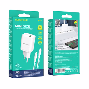 Borofone Sienas lādētājs BN7 - USB + Type C - QC 3.0 PD 20W ar Type C uz Type C kabeli balts