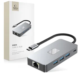 Tech-Protect HB05 HUB 9in1 USB-C + USB2.0 + USB3.0 + HDMI 4K 60Hz + SD / TF + PD100W + RJ45 adapteris - pelēks