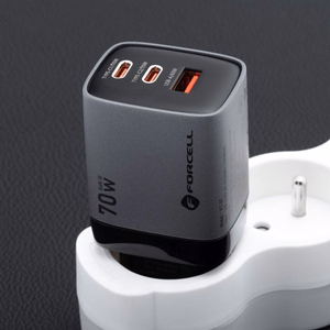 FORCELL F-ENERGY GaN III VT-37 ceļojuma lādētājs ar digitālo indikatoru 2 x Type C + USB A PD QC4.0 SAM SFC2.0 3,45A 70W pelēks