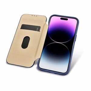 iCarer CE Premium ādas folio vāciņš iPhone 14 Pro ar MagSafe magnētisku flip vāciņu - zilā krāsā