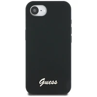 Guess Silicone Script Metal Logo MagSafe viedtālruņa apvalks iPhone 16e - melna