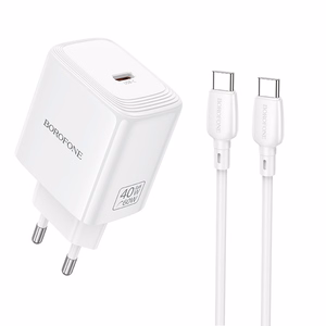 Borofone BN33 Fuente GaN USB-C tīkla lādētājs QC3.0 PD 40W ar USB-C kabeli balts