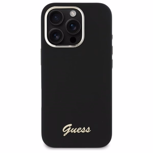Guess silikona vāciņš ar metāla logotipu un metāla rāmi iPhone 16 Pro Max - melns