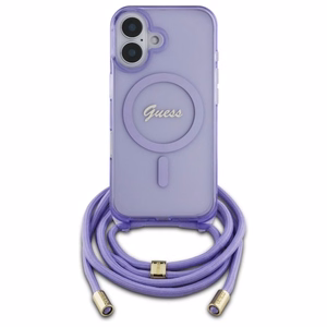 Guess soma pāri plecam viedtālruņa apvalks Cord Script MagSafe iPhone 16 – violets