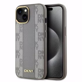 DKNY Ādas rūtainais mono raksts magnētiskais iPhone 15 viedtālruņa apvalks - bēšs
