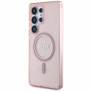 Guess Glitter Circle Classic Logo Magnētiskais viedtālruņa apvalks Samsung Galaxy S25 Ultra rozā