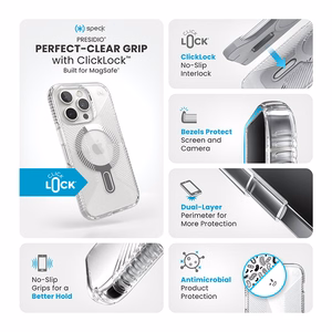 Speck Presidio Perfect-Clear Grip ClickLock & MagSafe vāciņš ierīcei iPhone 16 Pro, caurspīdīgs / hroma apdare / Serene Silver