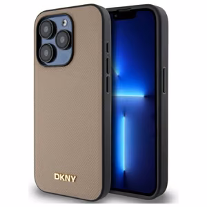 DKNY Grained Metal Logo Magnētiskais iPhone 15 Pro viedtālruņa apvalks - bēšs