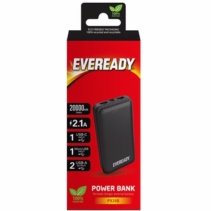 Eveready PX20B ārējais akumulators, 20000 mAh, 2 × USB-A, melns