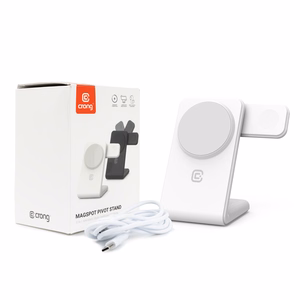 Crong MagSpot Pivot Stand 3 vienā bezvadu lādētājs iPhone, Apple Watch un AirPods ierīcēm, saderīgs ar MagSafe, balts