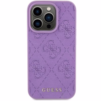 Guess Ādas 4G Reljefs viedtālruņa apvalks iPhone 15 Pro - violets
