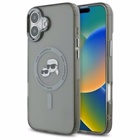 Karl Lagerfeld IML Metal Karl&Choupette Head magnētiskais viedtālruņa apvalks iPhone 16 Plus - melns