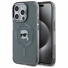 Karl Lagerfeld KLHMP15XHLSKIK iPhone 15 Pro Max 6.7" melns cietais viedtālruņa apvalks IML Metal Karl Head Magnētiskais (MagSafe)