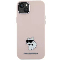 Karl Lagerfeld silikona Choupette Metal Pin viedtālruņa apvalks iPhone 15 Plus / 14 Plus - rozā