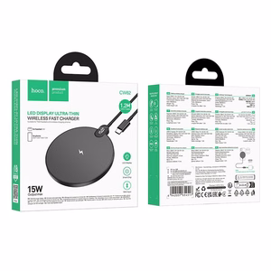 Bezvadu lādētājs Hoco 15W ar USB-C kabeli un digitālo indikatoru CW62 melna krāsa