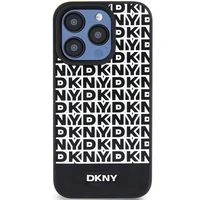 DKNY Ādas drukāts raksts metāla logotips Magnētiskais viedtālruņa apvalks iPhone 15 Pro - melna
