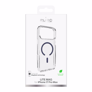Puro Lite Mag TPU+PC viedtālruņa apvalks saderīgs ar MagSafe iPhone 17 Pro Max - caurspīdīgs ar zilu gredzenu