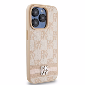DKNY Ādas rūtainais mono raksts un drukātās svītras viedtālruņa apvalks iPhone 15 Pro - rozā