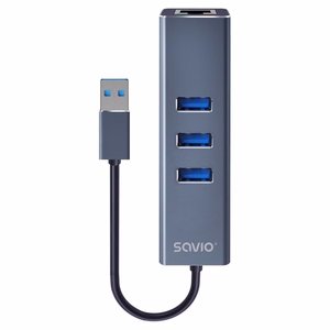 Savio AK-57 USB-A uz 3x USB-A centrmezgls ar RJ-45 Gigabit Ethernet adapteri, USB 3.2 Gen 1, melns/pelēks