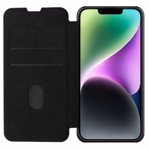 Nillkin Qin ādas apvalks iPhone 14 Plus ar kameras vāciņu un maciņu melns
