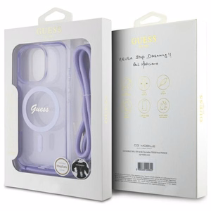 Guess Crossbody Cord Script Magnētiskais viedtālruņa apvalks iPhone 16 Pro Max - violets