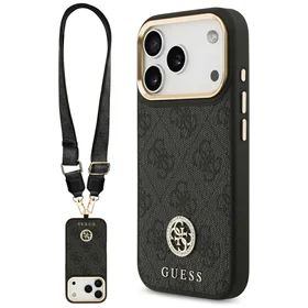 Guess 4G Strass Logo & Big Strap Metal Buttons Magnētiskais viedtālruņa apvalks iPhone 17 Pro - melns