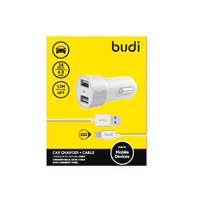 Budi BD622LW automašīnas lādētājs ar 2 USB-A pieslēgvietām, ar LED indikatoru, ar Lightning kabeli