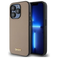 DKNY Grained Metal Logo Magnētiskais iPhone 15 Pro viedtālruņa apvalks - bēšs