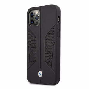 BMW ādas apvalks ar perforētām malām iPhone 12 Pro Max - melns