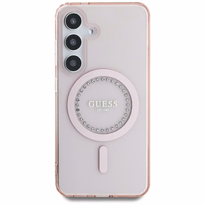 Guess Kristāli Drukāts Klasiskais Logotips Magnētiskais Samsung Galaxy S25 Viedtālruņa apvalks rozā