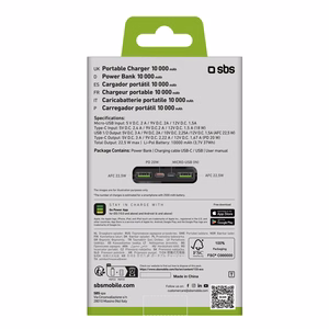 Portatīvais lādētājs SBS TTBB10000FASTPD20K 10000 mAh 20W ar Power Delivery - melna