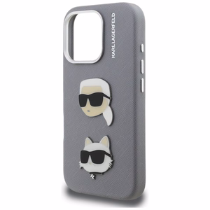 Karl Lagerfeld FW Grained Karl & Choupette Heads Pins Maciņš iPhone 16 Pro - pelēks