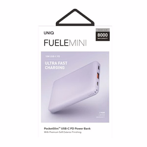 Portatīvais lādētājs Uniq Fuele mini 8000mAh USB-C 18W PD ātra uzlāde - lavandas