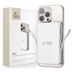 Tech-Protect LifeMag PB31 внешний аккумулятор с MagSafe 10000mAh 15W USB-C / USB-A / встроенные кабели USB-C / Lightning - Белый