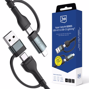 3mk Hyper Cable N-SERIES 2 in 2 USB-A / USB-C un USB-C / Lightning 1,2 m QC 3.0 9V/2A 60W - melns
