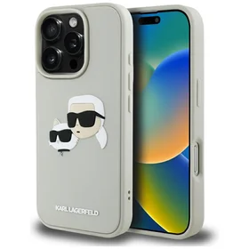 Karl Lagerfeld HC 3D gumijas dubultgalvu iPhone 16 Pro Max viedtālruņa apvalks - bēšs