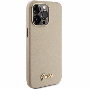 Guess Mirdzošs glancēts uzraksts apvalks iPhone 15 Pro - zelta