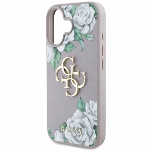 Guess Grained Roses Big 4G Logo viedtālruņa apvalks iPhone 16 - violets