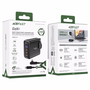 Ātrais GaN 100W Power Delivery lādētājs 3x USB C 1x USB ar Lielbritānijas spraudni - melns