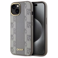 DKNY Ādas rūtainais mono raksts Magnētiskais viedtālruņa apvalks iPhone 15 Plus - bēša