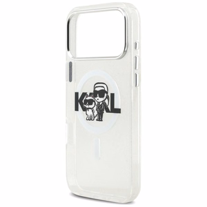 Karl Lagerfeld IML mirdzošais Karl & Choupette skices logotipa magnētiskais viedtālruņa apvalks iPhone 17 Pro Max - caurspīdīgs